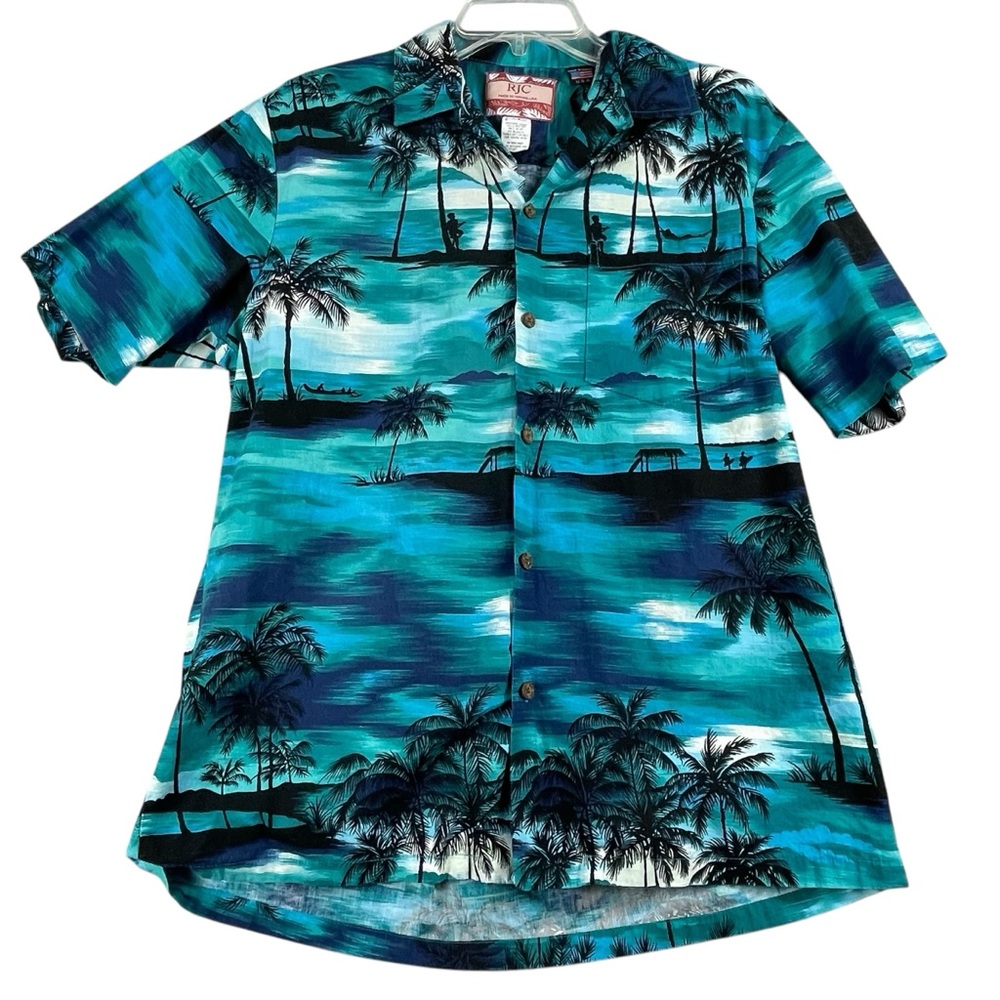 Men's RJC Made in Hawaii Beach & Palm Trees Short Sleeve Button Down Medium 0017